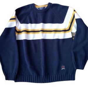 Hh) Tommy Hilfiger Men’s Large Navy Blue Stripe Cotton Sweater Crewneck